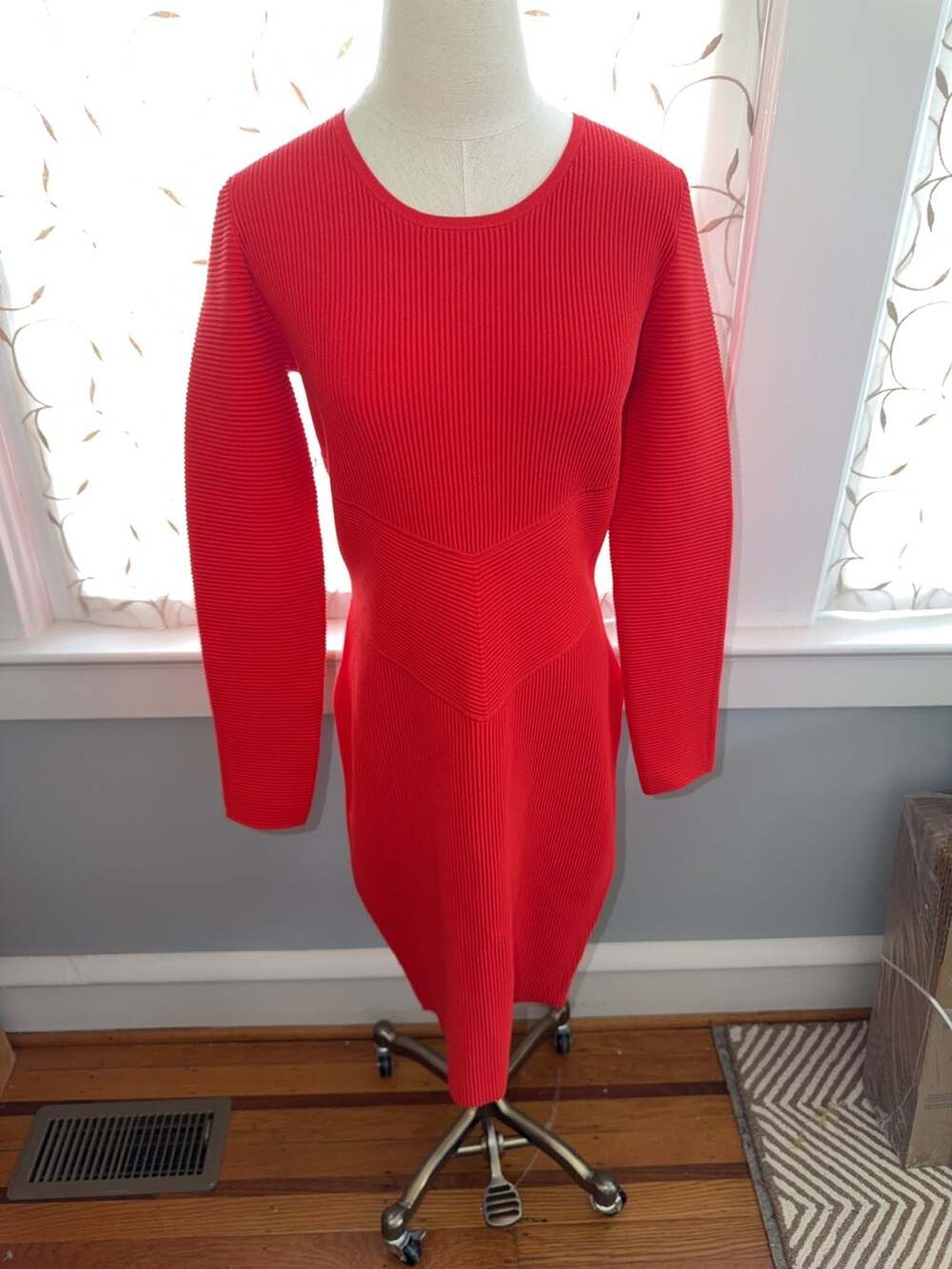 Milly Red Ribbed Knit Long Sleeve Dress Size L